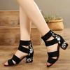 Women Ethnic Style Embroidered Mid-heel Sandals Summer All-match Thick Heel Elegant Retro Open Toe Shoes