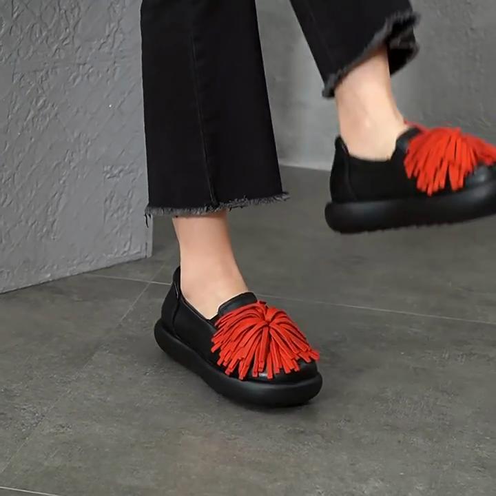Johnature Genuine Leather Thick Soled Women's Shoes Comfortable Retro Handmade Tassel Slip-on Shoes