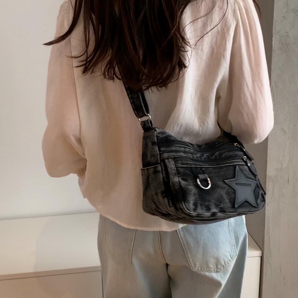 Denim Large Capacity Women's Crossbody Bag Commuter Multi-compartment Five-pointed Star Shoulder Bag