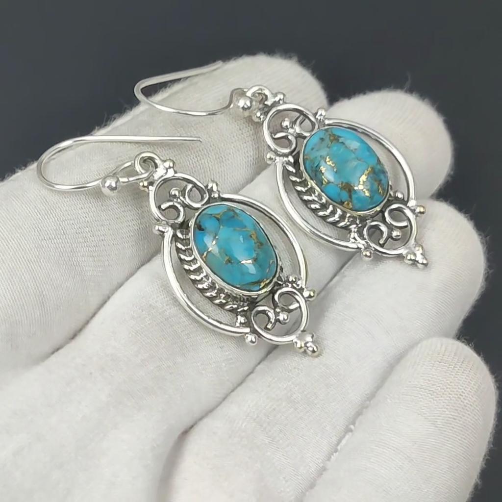 Blue Copper Turquoise Earring, Turquoise Silver Earring, Oval Stone Earring, 925 Sterling Silver Earring, Gemstone Earring, Dangle Earring
