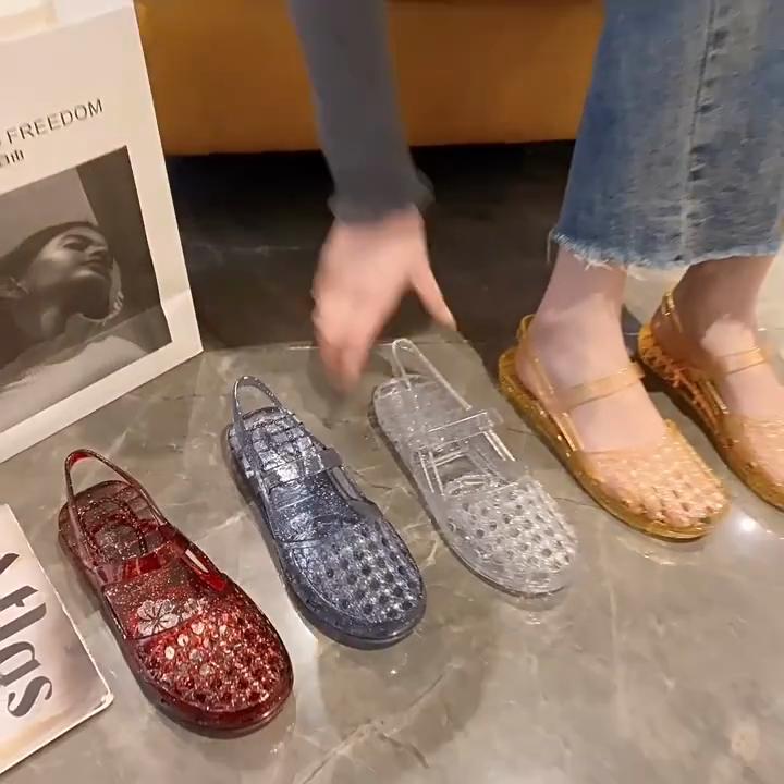 Gemstone Sparkling Jelly Mary Jane Shoes, Transparent Woven Hollow Flat Shoes, Waterproof and Non Slip, Cute Beach Pool Vacation Cooldown