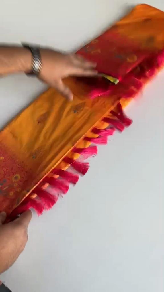 Paithani Silk Sarees  with Unique Peacock Motifs and Meenakari Work Having Contrast Pallu and Designer Contrast Border. With Tassels.