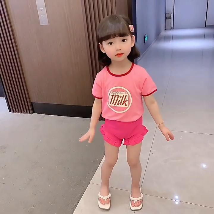 Été bébé filles col rond manches courtes lait lettre haut imprimé + volants Shorts mignon maillot de bain costume