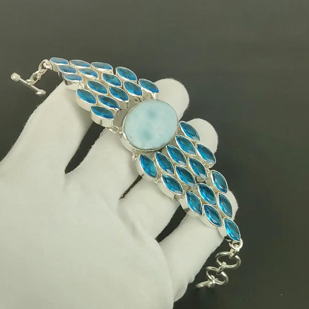 Blue Larimar Bracelet 925 Sterling Silver Bracelet Handmade Bracelet Silver Jewelry Blue Topaz Gemstone Bracelet Any Occasion Gift For Her