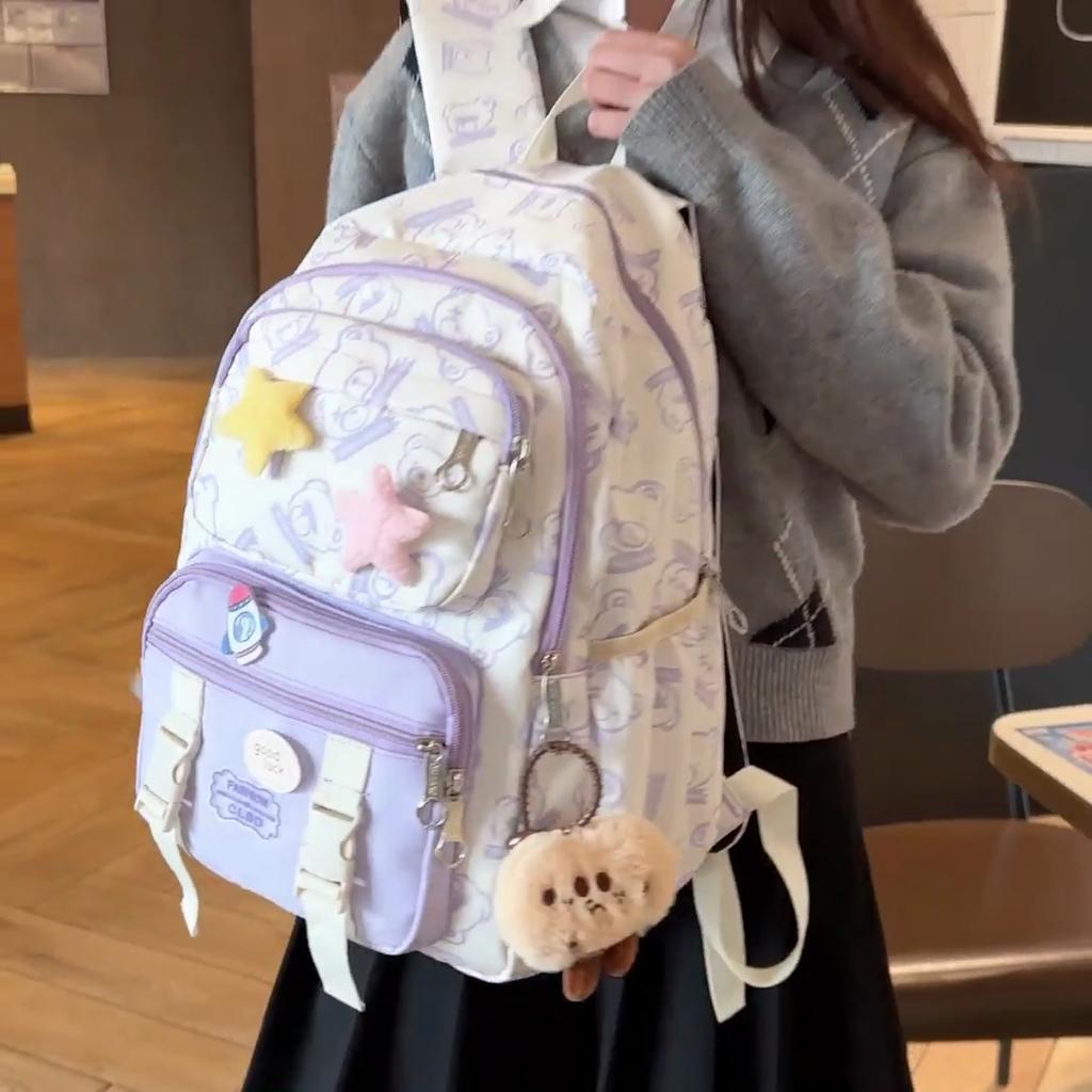 College Style Backpack Print Women's Large Capacity Color Contrast Backpack Student Schoolbag