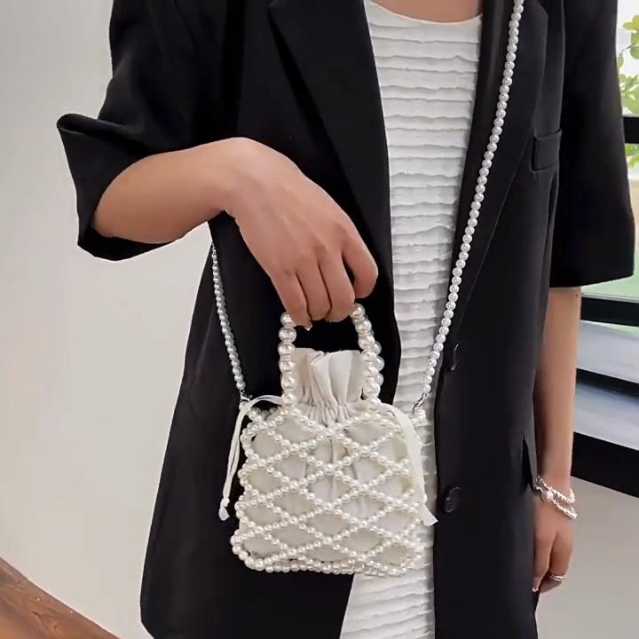 Vintage Top Handle Pearl Women Handbag Summer Hollow Out Beach Bucket Girl Shoulder Crossbody Bag
