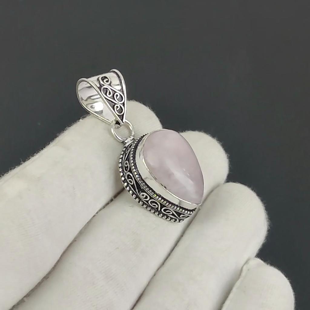 Natural Rose Quartz Gemstone Silver Pendant in 925 Sterling Silver - Handmade Pear Design, Everyday Wear Jewelry Party Wear Gift