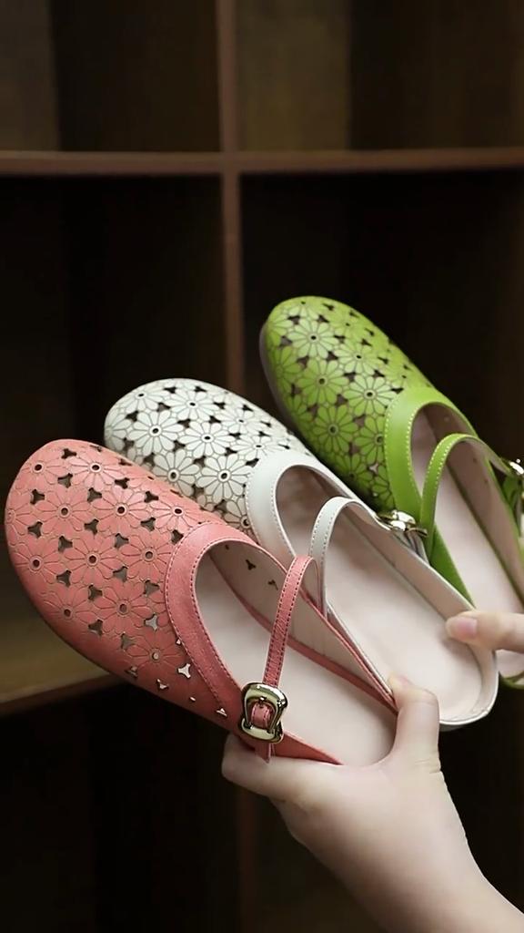 Johnature Genuine Leather Hollow-out Breathable Flat Slippers Soft Soled Versatile Women's Slip-on Shoes