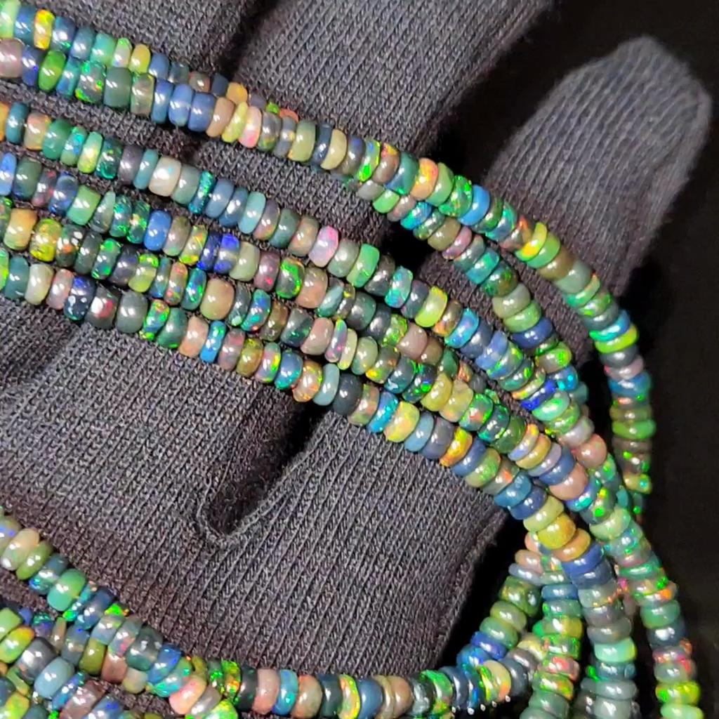 Smooth Polish Rainbow Flashy Rondell Ethiopian Opal Beads, Black Opal strand beads.