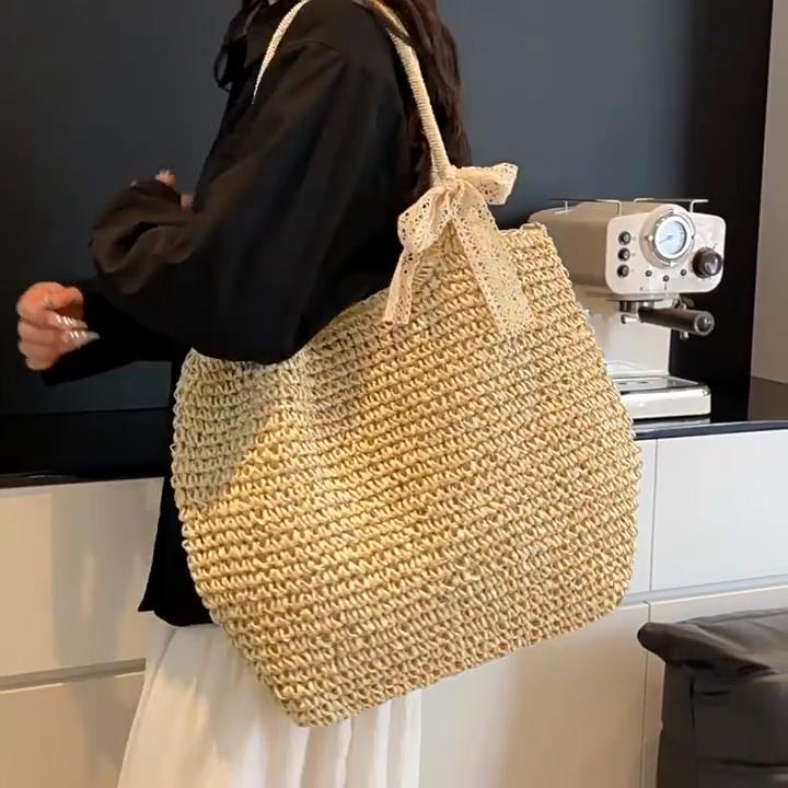 Yogodlns Woven Beach Bag Vintage Handmade Woven Shoulder Bag Raffia Rattan Bags Bohemian Ladies Summer Travel Vacation Casual Tote Bag