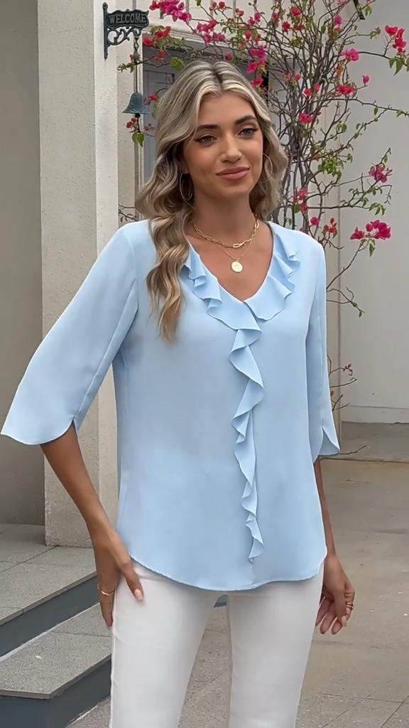 2025 Ruffle Blouse - Women's V-Neck Crinkle Chiffon Top