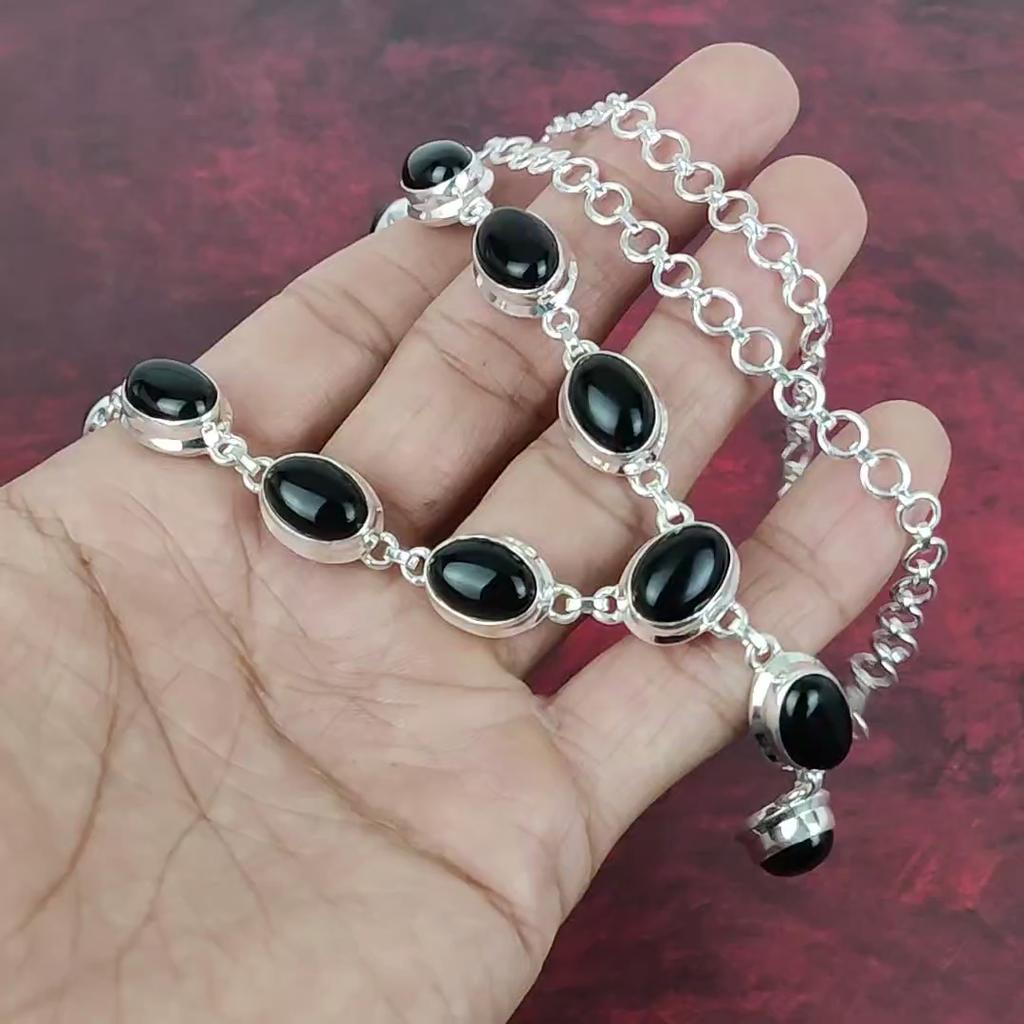 Black Onyx Handmade Gemstone Necklace, 925 Solid Sterling Silver Necklace Antique Jewelry, For Engagement Gift