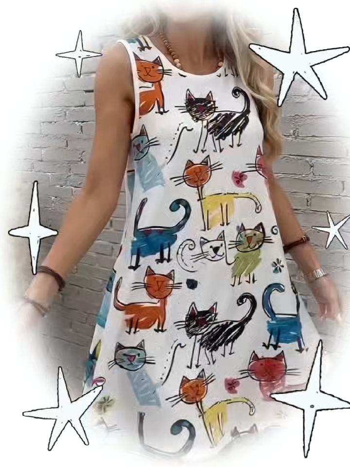 Casual Women Tank Dress Summer Sleeveless O-Neck 3D Print Loose A-Line Dress Beach Vest Dress