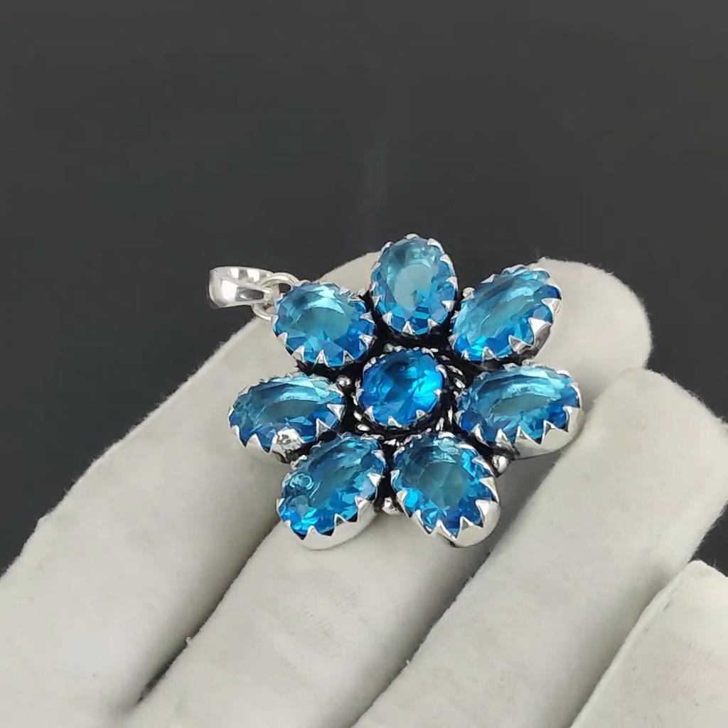 Siwss Blue Topaz Gemstone Silver Flower Pendant in 925 Sterling Silver - Handmade Pear Design, Everyday Wear Jewelry Wadding Gift