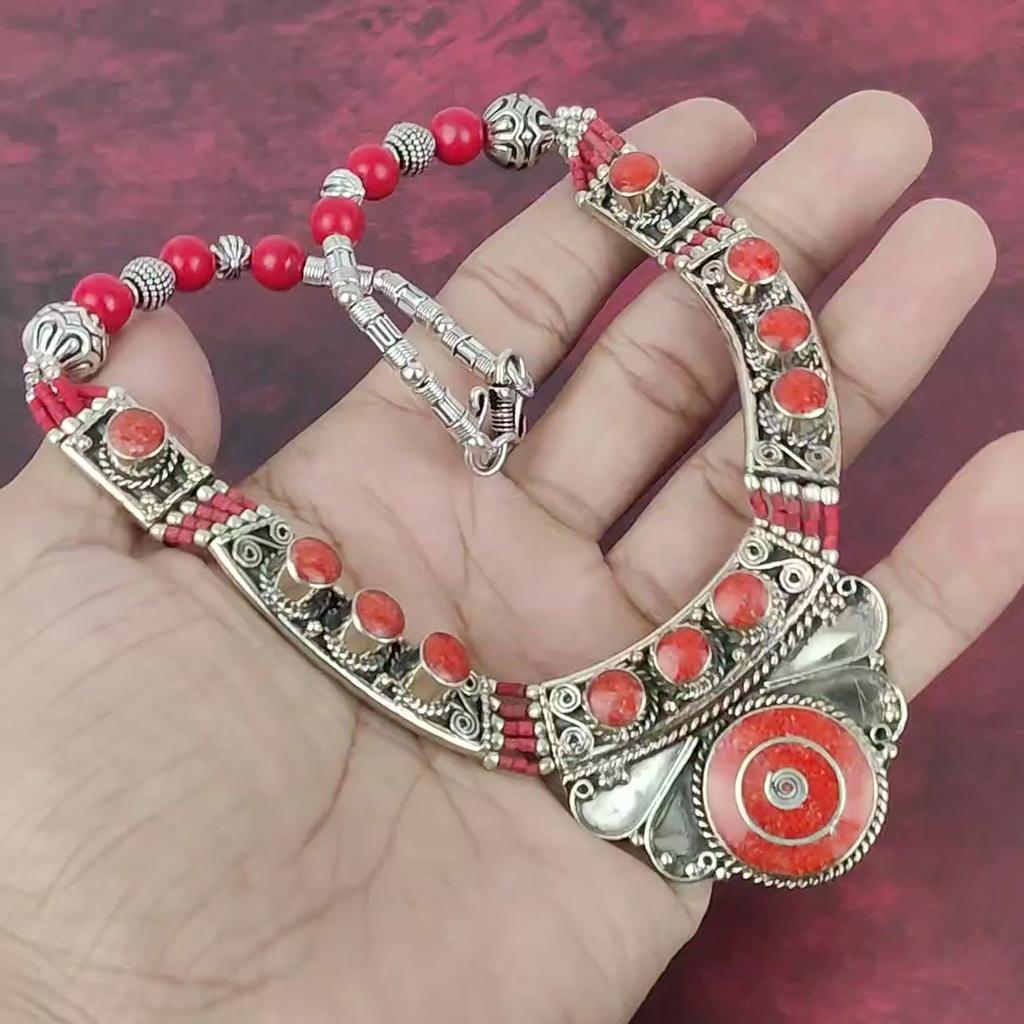 Orange & Red Coral Handmade Gemstone Nepali Necklace, 925 Solid Sterling Silver Necklace Antique Jewelry, Adjustable Chain Necklace Engagement Gift