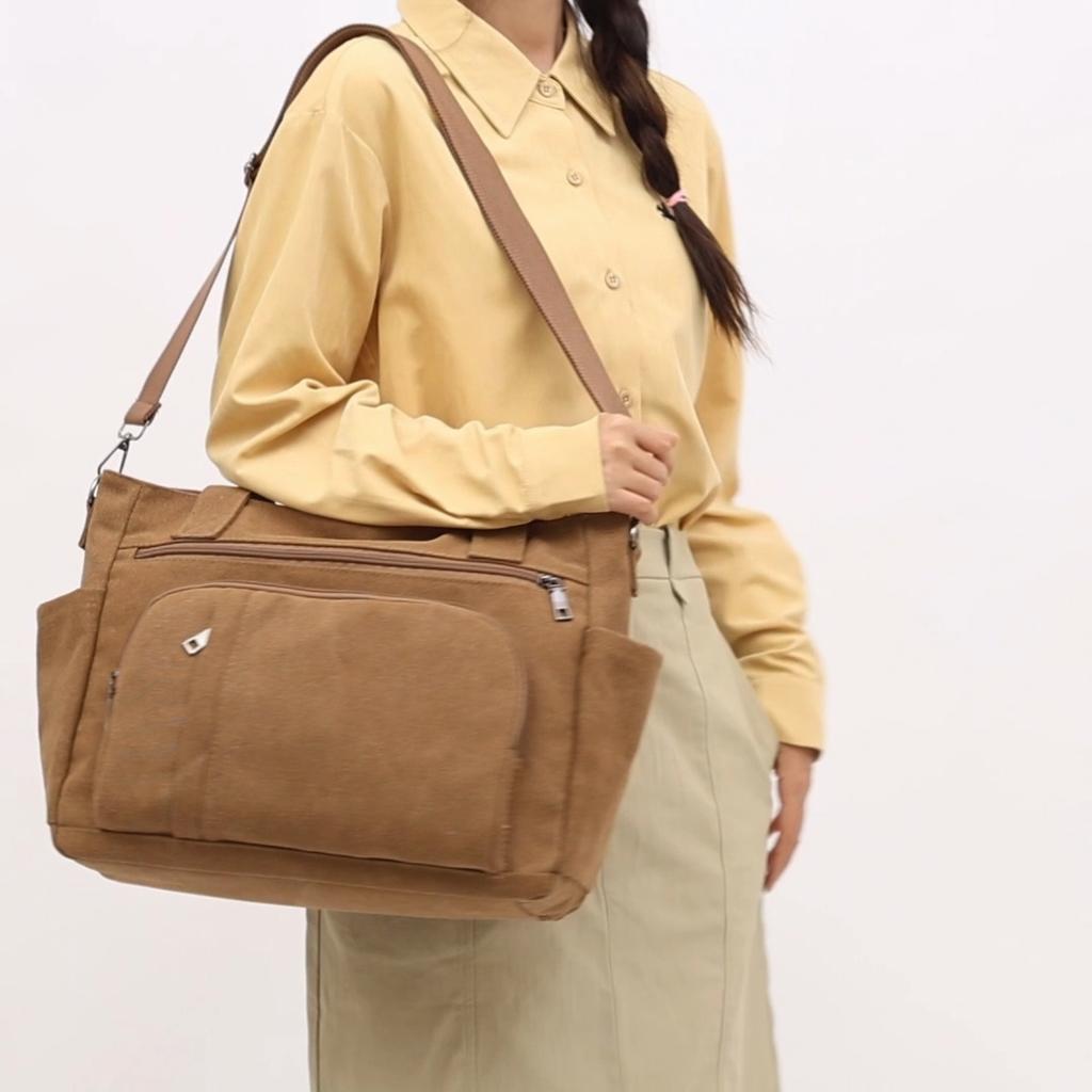 Bolsa Tote de Lona Color Sólida com Múltiplos Bolsos de Grande Capacidade Bolsa de Ombro Feminina Vintage para o Dia a Dia Bolsa Transversal