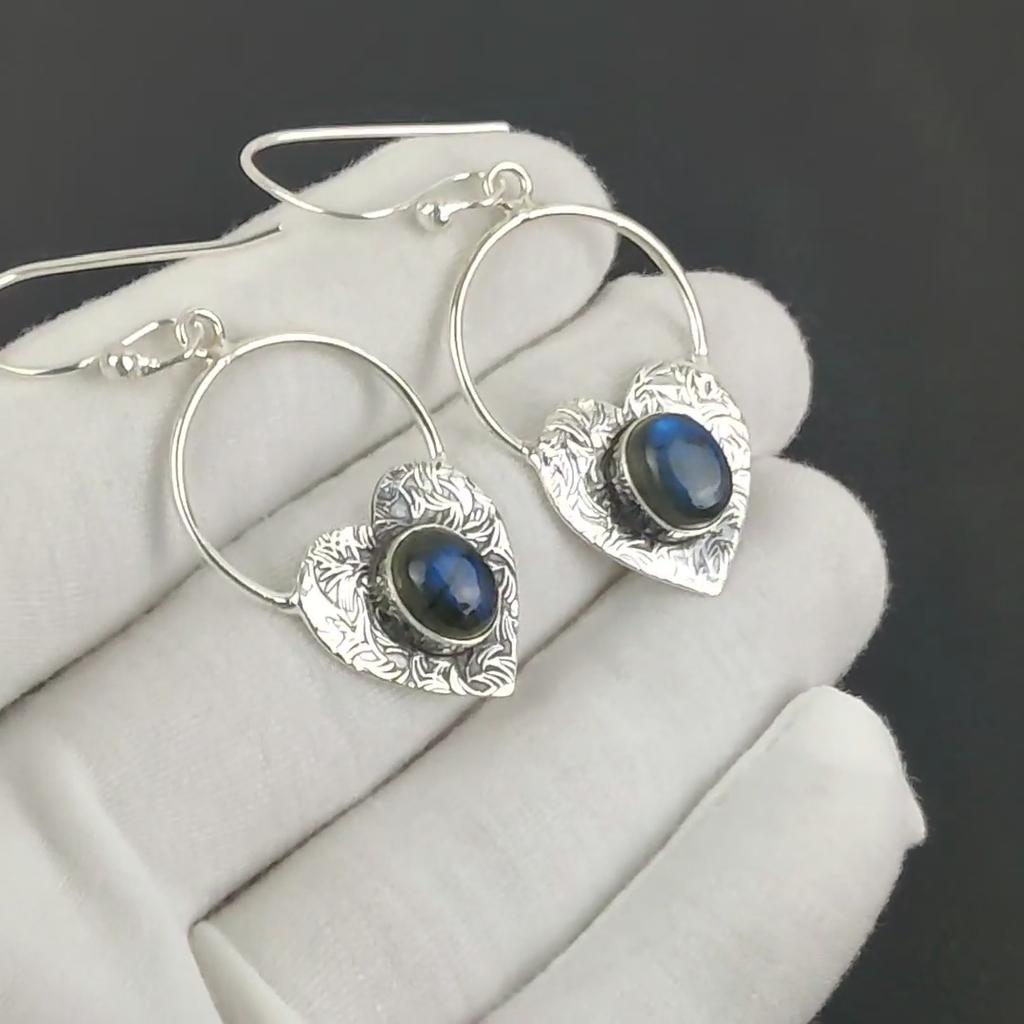 Natural Blue Flash Labradorite Gemstone Heart Shape Earrings, 925 Sterling Silver Earring, Handmade Boho Silver Jewelry Dangle Earrings, Wadding Gift