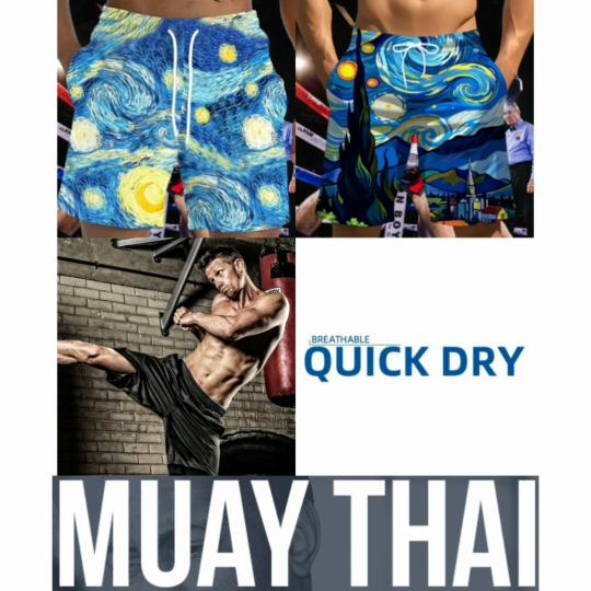 Van Gogh Starry Night Muay Thai Boxing Kickboxing Shorts 3D Print Training Unisex Men Women Quick Dry Fitness Gym Sport Workout Casual Streetwear