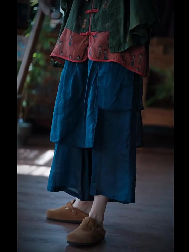 Johnature Women Dark Blue Vintage Straight Pants Elastic Waist Patchwork Trousers Summer Loose Casual Pants