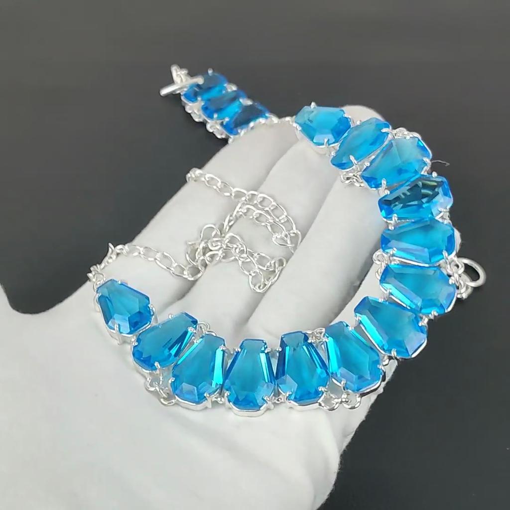 Blue Topaz Necklace & Bracelet Jewelry Set, Coffin Blue Topaz Gemstone 925 Sterling Silver Handmade Jewelry Unique Collection, Wedding Gift