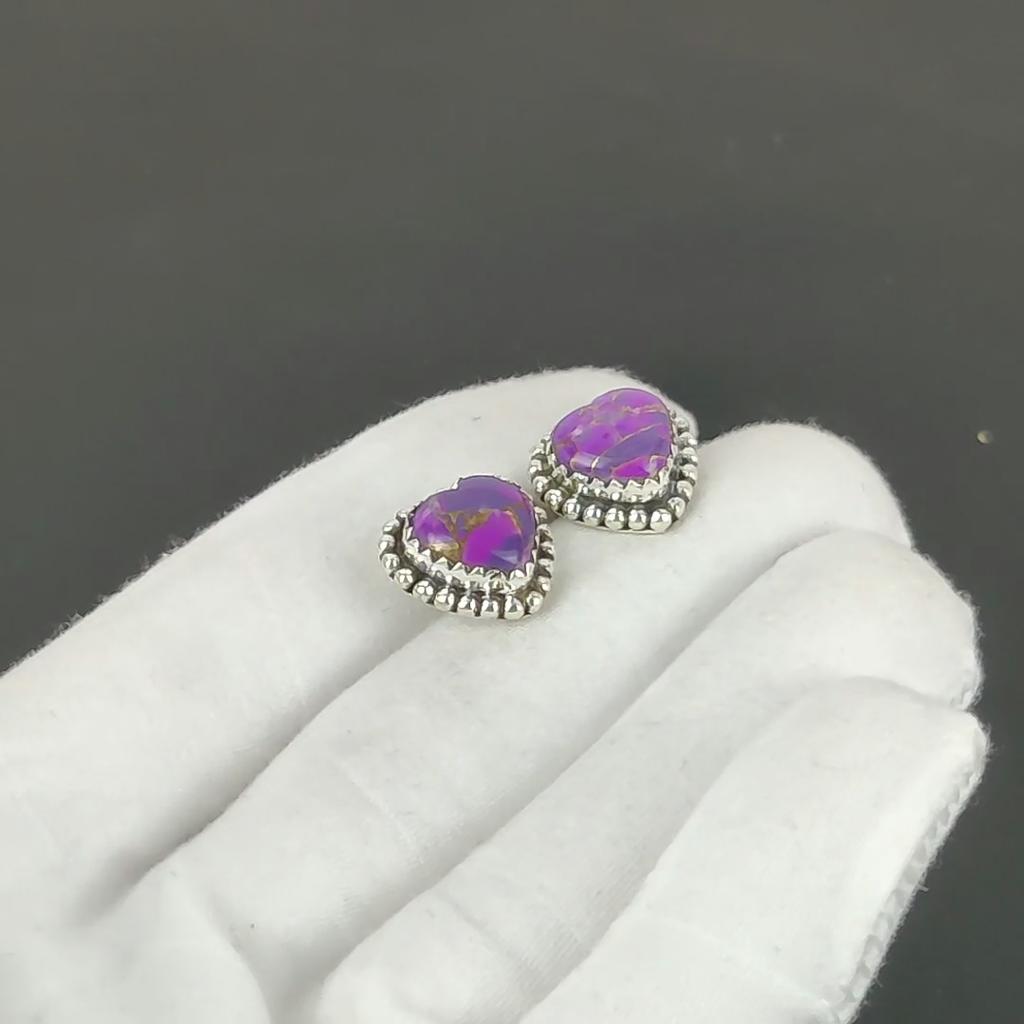 Purple Spiny Turquoise Earrings | 925 Sterling Silver Stud Earrings | Handmade Gemstone Love Studs Heart Earrings | Boho Jewelry Christmas Gift
