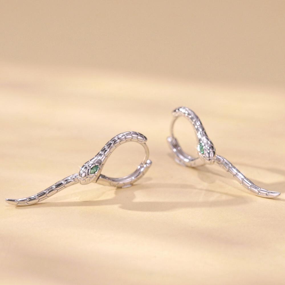 Bisaer 925 Sterling Silver Snake Hoop Earrings Green Zircon Animal Earrings Plated Platinum For Women Party Fine Jewelry