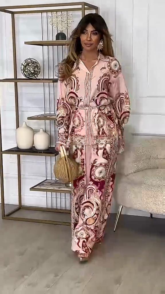 Women's Fashion Graffiti Print Lapel Shirt Trousers Two-piece Suit Summer Retro High Street Lady Elegant Suit