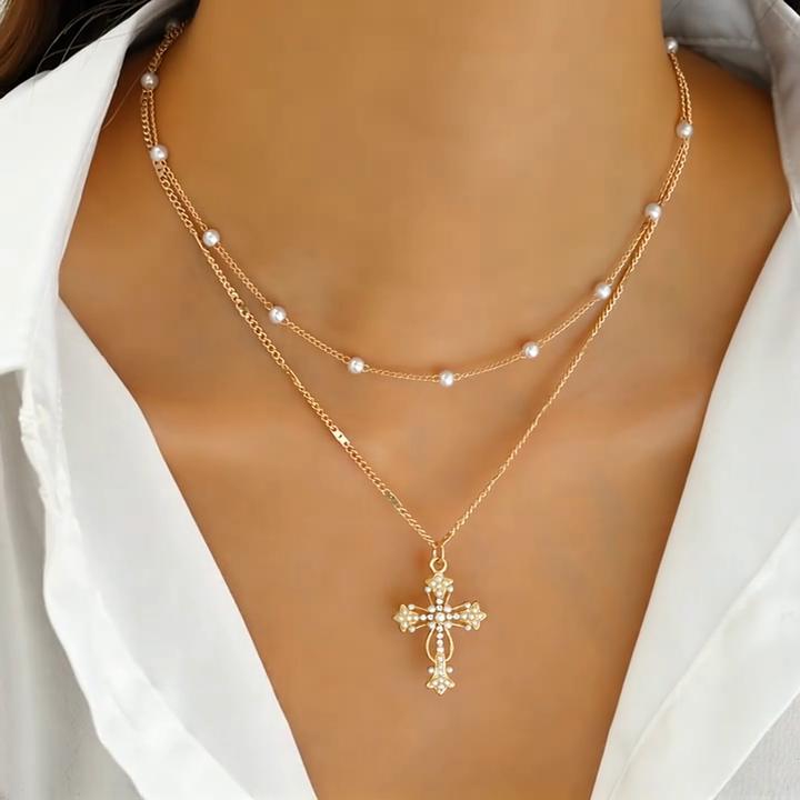 1PC Layered Cross Necklace For Women Double Chain Minimalist Bead Jewelry Adjustable Dainty O-Link Chain Gold Silver Alloy Casual Elegant