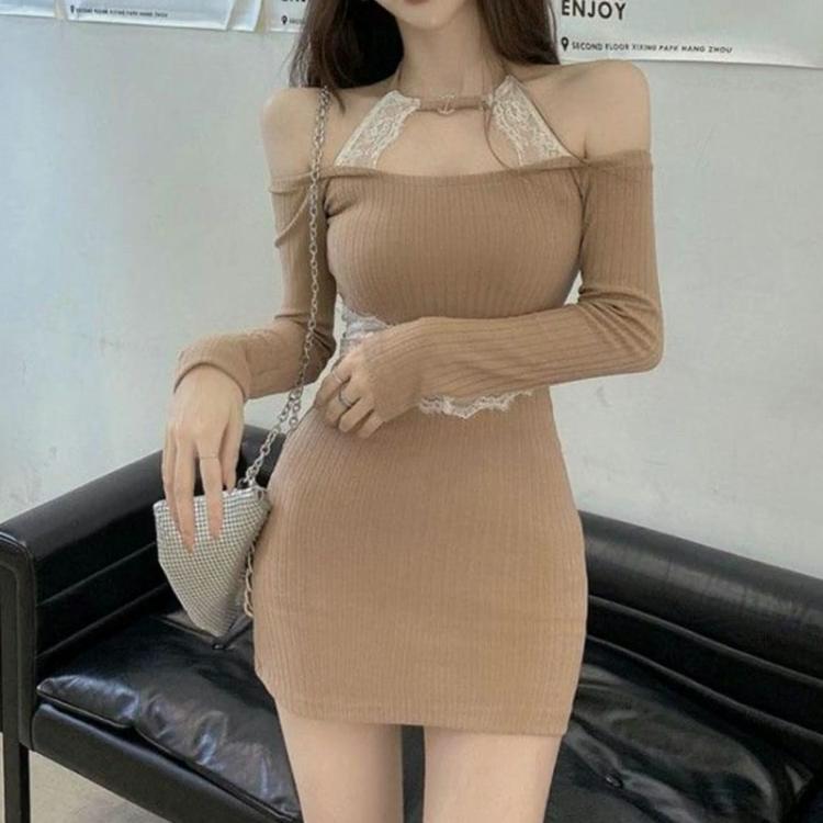 Sexy Halter Slash Neck Mini Dress Spring Autumn Hotsweet Waist Bag Hip Female Clothing Stylish Lace Patchwork Basic Slim Dresses