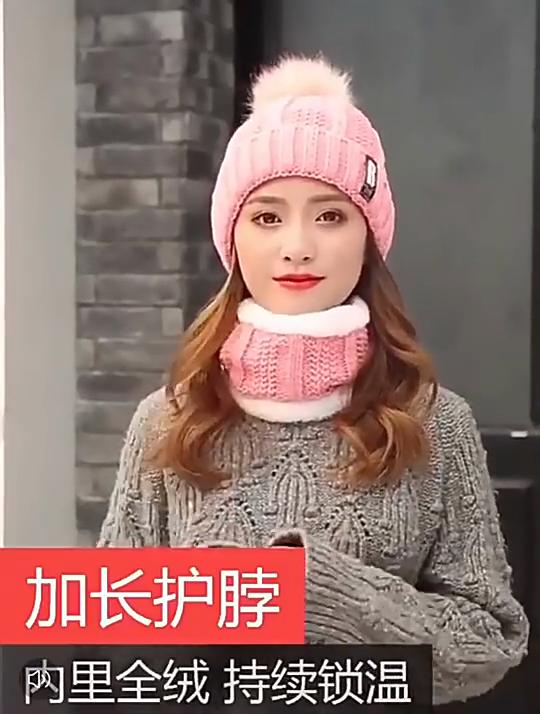 Winter Hat Padded Thickened Scarf Ladies Cycling Cold Sweet Cute Knitted Woolen Cap Women's Hat