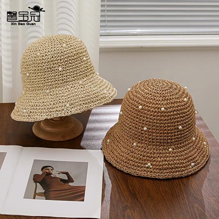 Cappello di Paglia Estivo da Donna con Decorazione di Perle e Ampia Tesa Parasole per Protezione Solare all'Aperto