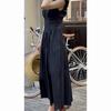 Johnature Summer French Waist Open Back V-Neck Dresses Women Simple Casual Sleeveless Pleated Long Dress