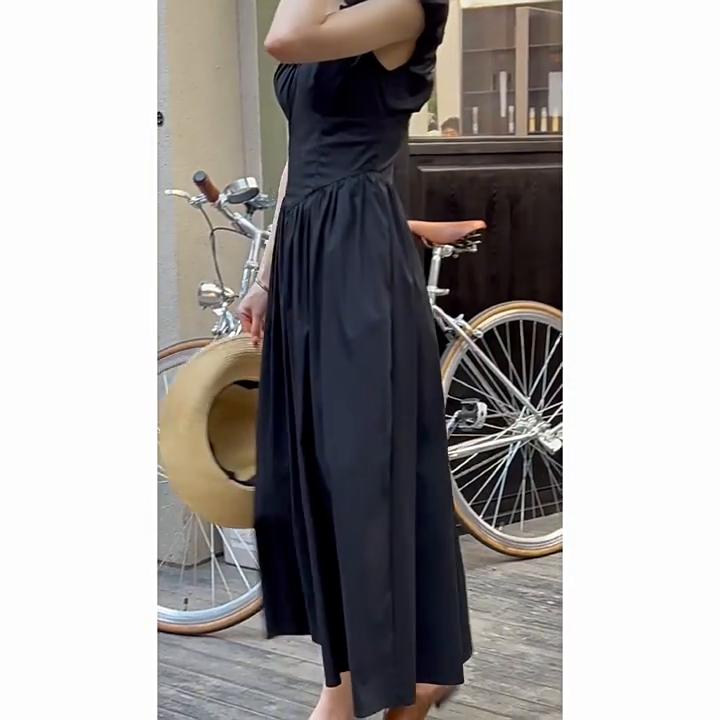Johnature Summer French Waist Open Back V-Neck Dresses Women Simple Casual Sleeveless Pleated Long Dress