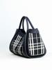 Women's Canvas and Genuine Leather Tote Bag Plaid Design Top Grain Cowhide Shoulder Handbag for Everyday Use Black and White