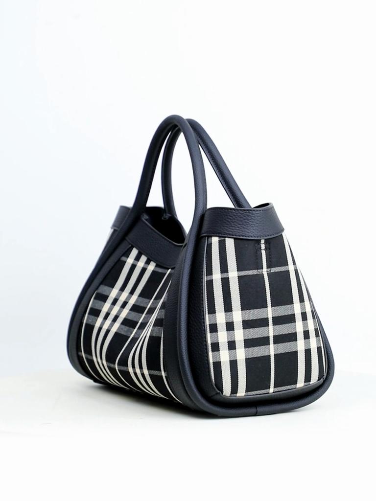 Women's Canvas and Genuine Leather Tote Bag Plaid Design Top Grain Cowhide Shoulder Handbag for Everyday Use Black and White