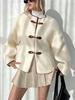 Winter Women's Thick Faux Fur Buckle Crew Neck Long Sleeve Short Cardigan Fashion Chic Coat
