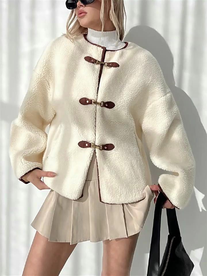Winter Women's Thick Faux Fur Buckle Crew Neck Long Sleeve Short Cardigan Fashion Chic Coat