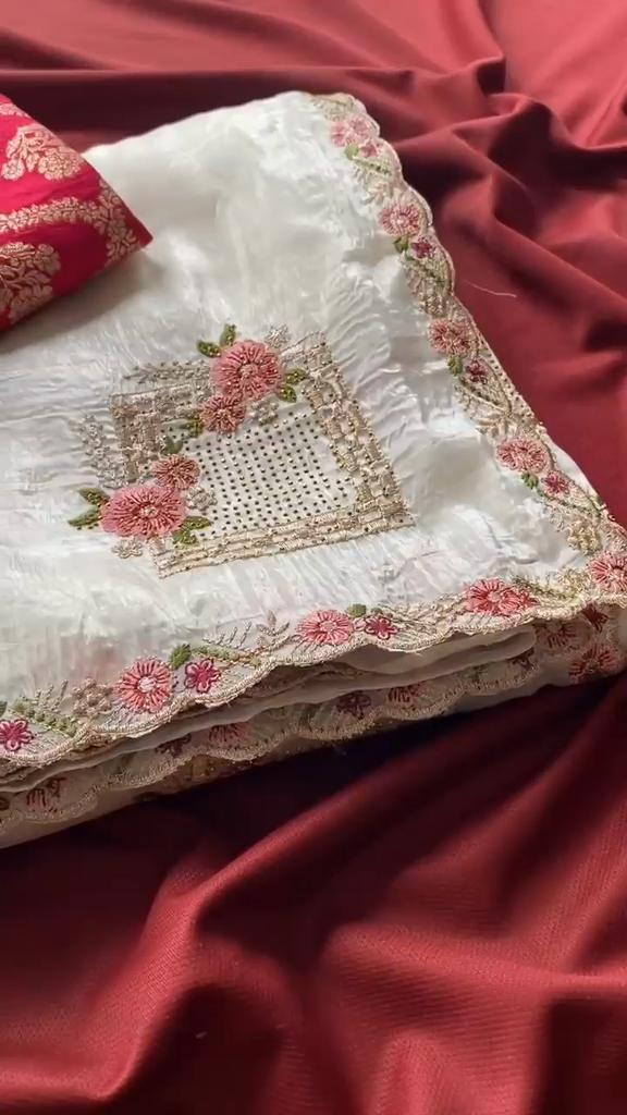Pure Paper Silk Crush Saree  Beautiful Floral Embroidery All Over