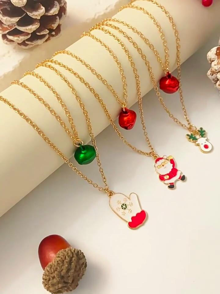 Double Layer Christmas Necklace Santa Bell Tree Reindeer Pendant Collarbone Chain Festive Holiday Jewelry Gift for Women