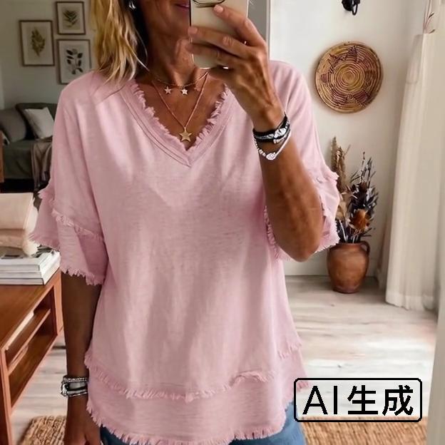 Women V Neck Pullover Short Sleeve Blouse Loose Fit Casual Daily Tops