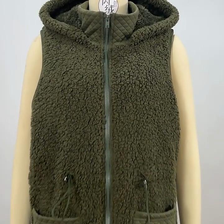 Autumn Women's Hooded Sleeveless Colorblocking Pocket Buttonless Mid-Length Cardigan Bubble Fleece Jacket