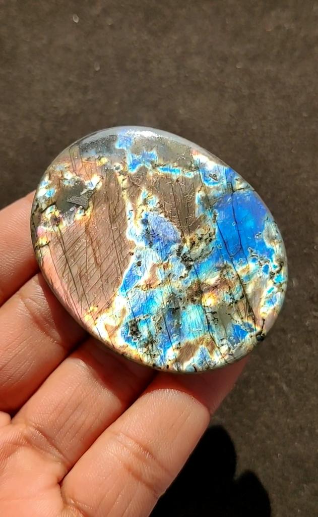Big Size Oval Natural Multi Purple Flashy Labradorite Cabochon Gemstone, 233.45 Carat, 65x51x6 MM Size.