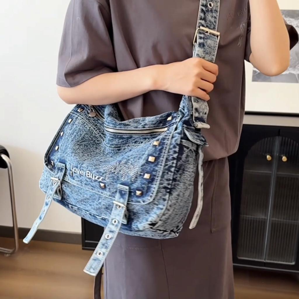 Denim Shoulder Bag With Studs And Love Buzz Print For Women