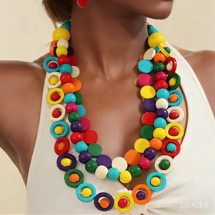 African Jewelry Set Bohemian Multi-layer Colorful Wooden Beads Beaded Necklace Earrings Bracelet For Women Party Accessories
