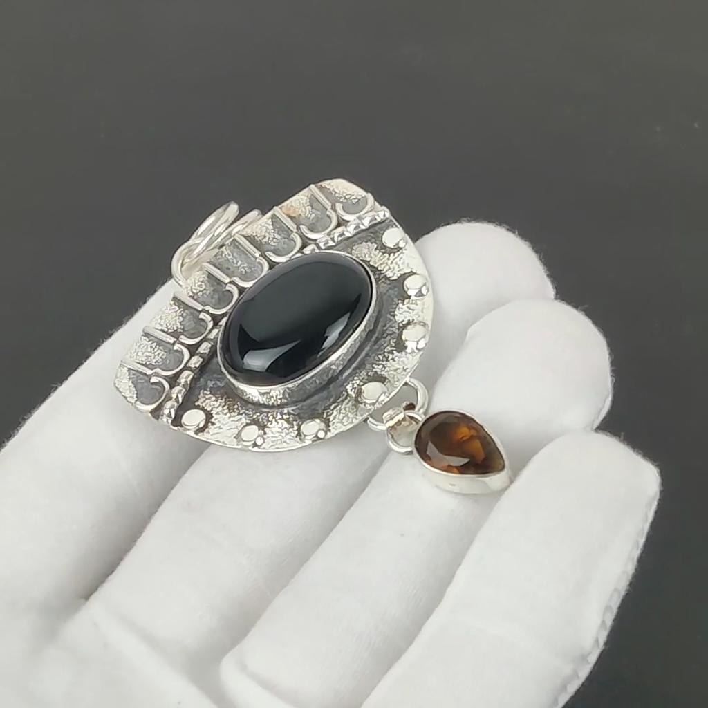 Black Onyx Pendant, 925 Sterling Silver Handmade Jewelry, Smoky Topaz Silver Pendant, Party Wear Jewelry For Women's, Pendant Engagement Gift