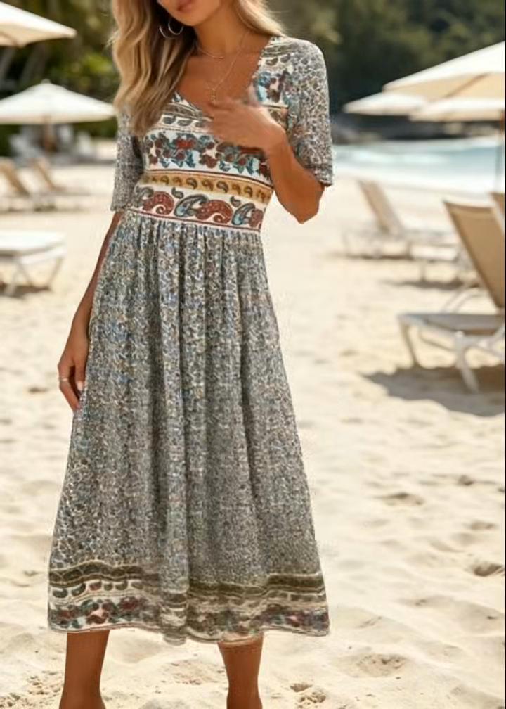 Women Bohemian Print Half Sleeve Flowy Midi Dress Elegant Outdoor Daily Wear