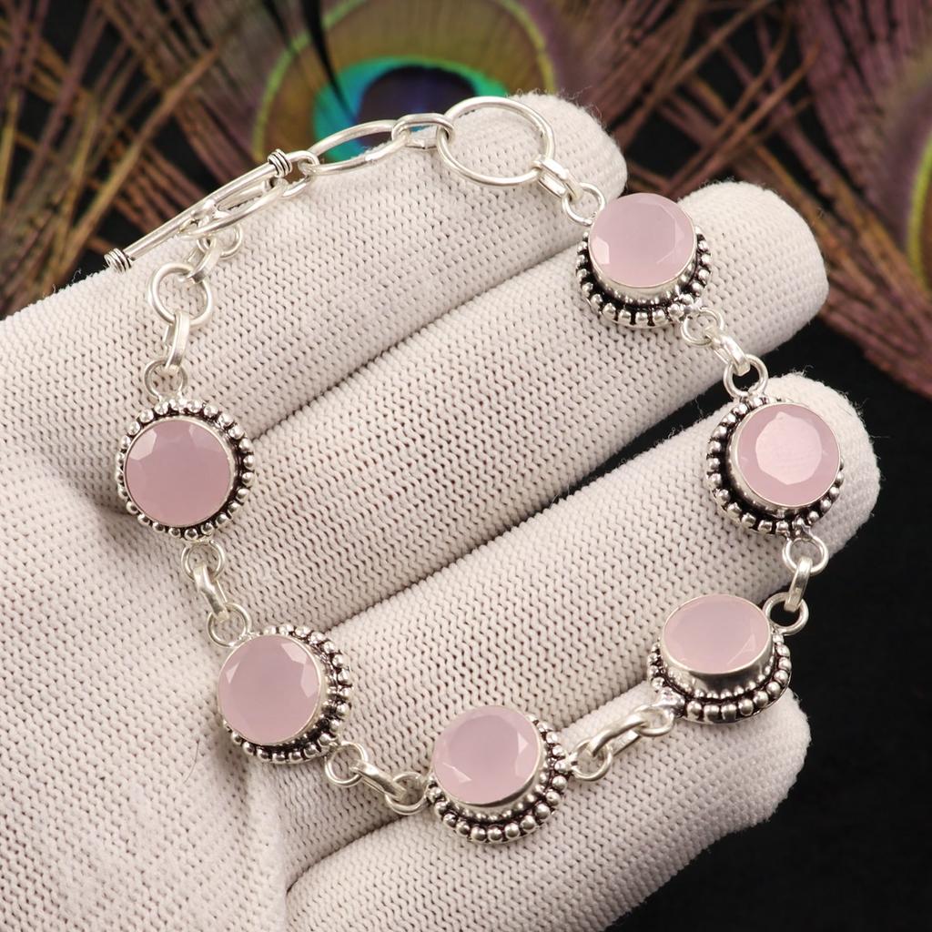 Rose Chalcedony Gemstone 925 Sterling Silver Jewelry Handcrafted Bracelet 7-9" RB-17-14