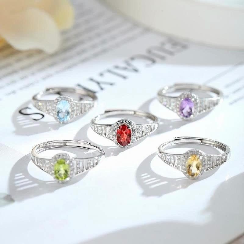 S925 Silver Natural Stone Open Ring, Amethyst/Citrine, Korean Style Daily Jewelry Gift for Women