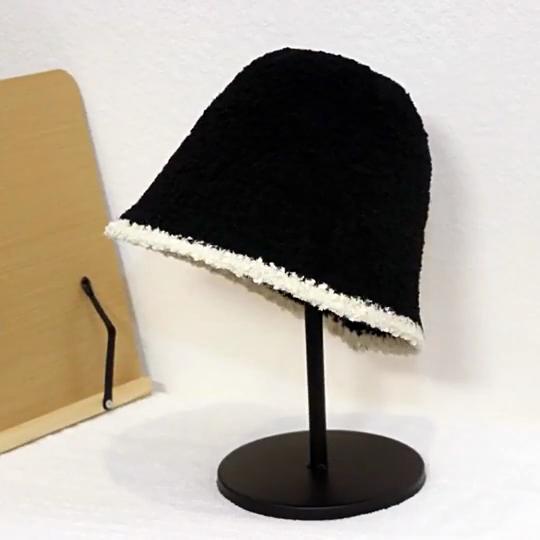 Winter Knit Bucket Hat For Women With Cashmere Material And Color Block Design