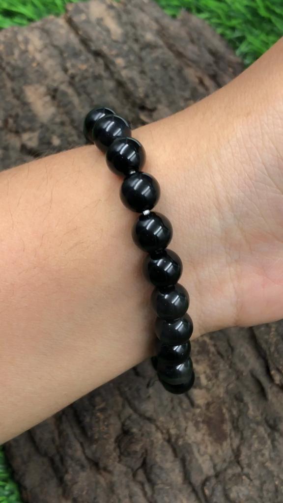8mm Natural Black Onyx Gemstone Beads Stretch Bracelet 7.5" Handmade Pure Black Stone Bracelet For Men/Women RBB-63